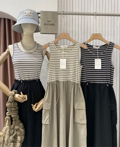 MATINEE Color Contast Sleeveless Adjustable Waist Drawstring Dresses